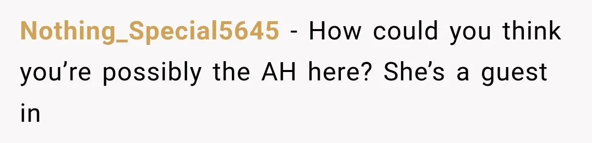 Nothing_Special5645 − How could you think you’re possibly the AH here? She’s a guest in