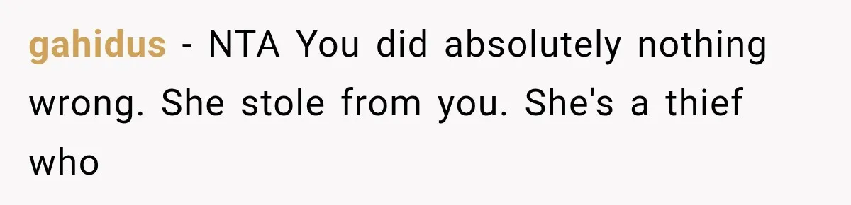 gahidus − NTA You did absolutely nothing wrong. She stole from you. She's a thief who