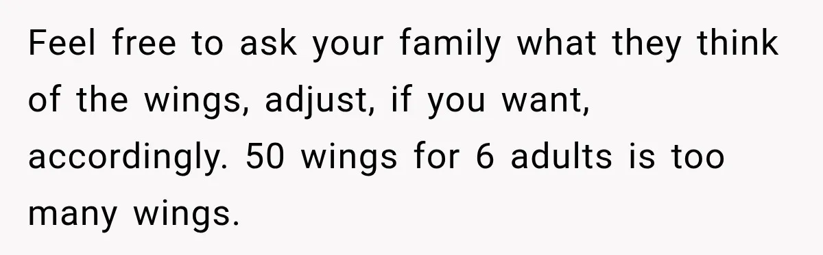 Feel free to ask your family what they think of the wings, adjust, if you want, accordingly. 50 wings for 6 adults is too many wings.