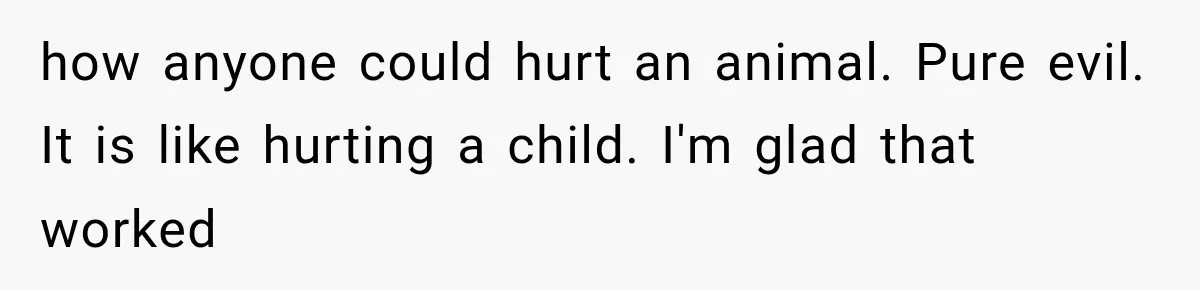 how anyone could hurt an animal. Pure evil. It is like hurting a child. I'm glad that worked