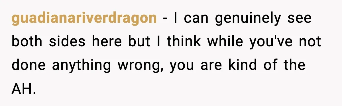 guadianariverdragon − I can genuinely see both sides here but I think while you've not done anything wrong, you are kind of the AH.