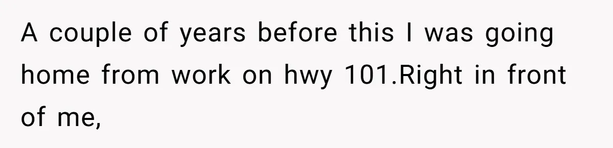 A couple of years before this I was going home from work on hwy 101.Right in front of me,