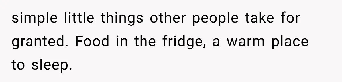 simple little things other people take for granted. Food in the fridge, a warm place to sleep.
