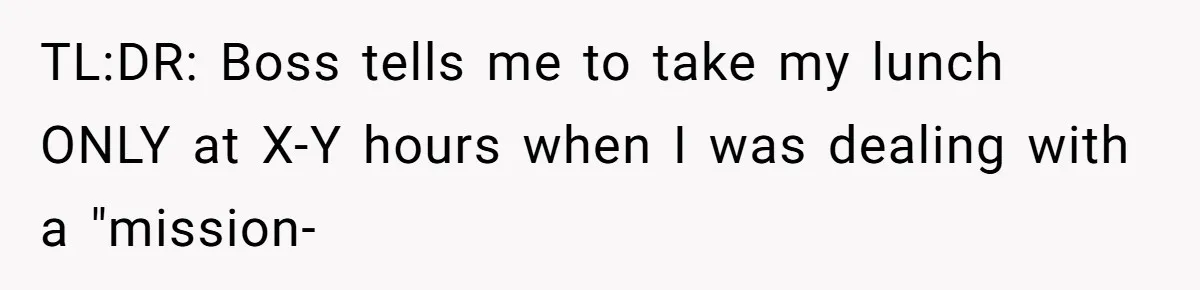 Boss Demanded He Never Miss His Lunch Window, So He Walked Away During a Network Meltdown TL:DR: Boss tells me to take my lunch ONLY at X-Y hours when I was dealing with a "mission-