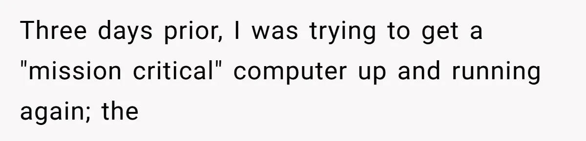 Boss Demanded He Never Miss His Lunch Window, So He Walked Away During a Network Meltdown Three days prior, I was trying to get a "mission critical" computer up and running again; the