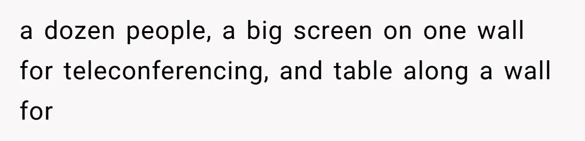 Coworker Stole a Meeting Room and Called It His Office, So the Team Beat Him at His Own Game a dozen people, a big screen on one wall for teleconferencing, and table along a wall for