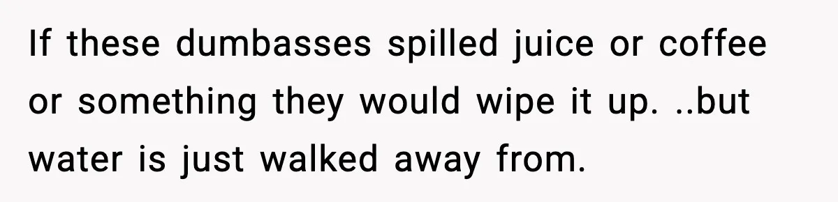 Woman Gets Petty Revenge On Sister’s Boyfriend By Drying His Mess With Her Towel If these dumbasses spilled juice or coffee or something they would wipe it up. ..but water is just walked away from.