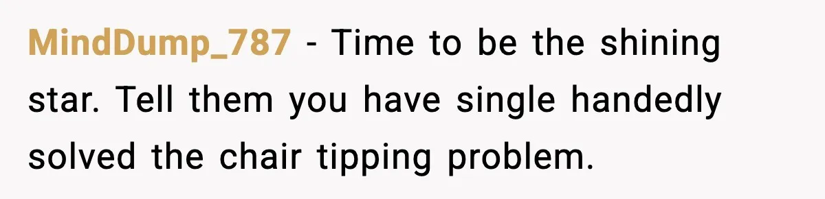 Worker’s Months-Long Petty Revenge Ends When The CEO Personally Picks Up Chairs MindDump_787 − Time to be the shining star. Tell them you have single handedly solved the chair tipping problem.