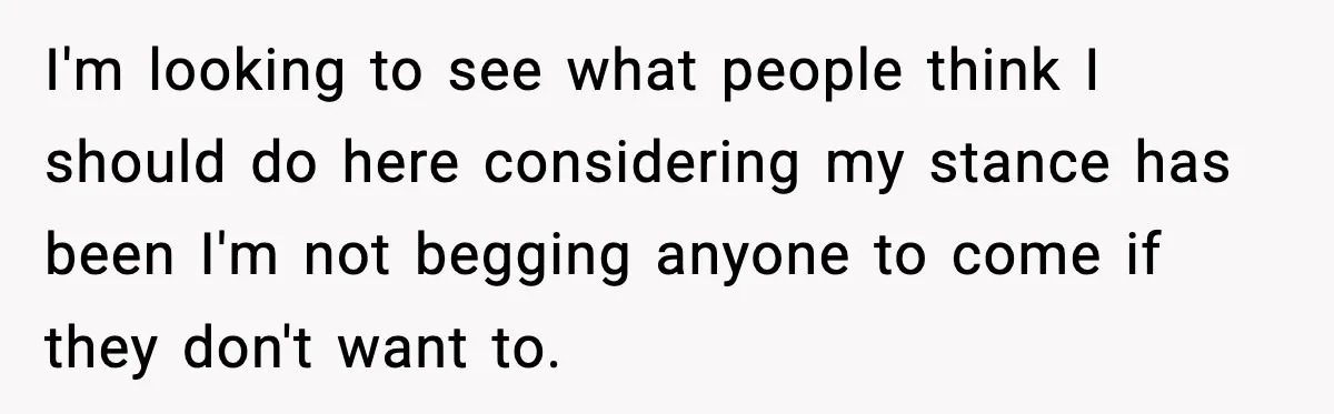 Groom Refuses to Beg Dad's Wife to Attend Wedding, Dad Boycotts Instead I'm looking to see what people think I should do here considering my stance has been I'm not begging anyone to come if they don't want to.