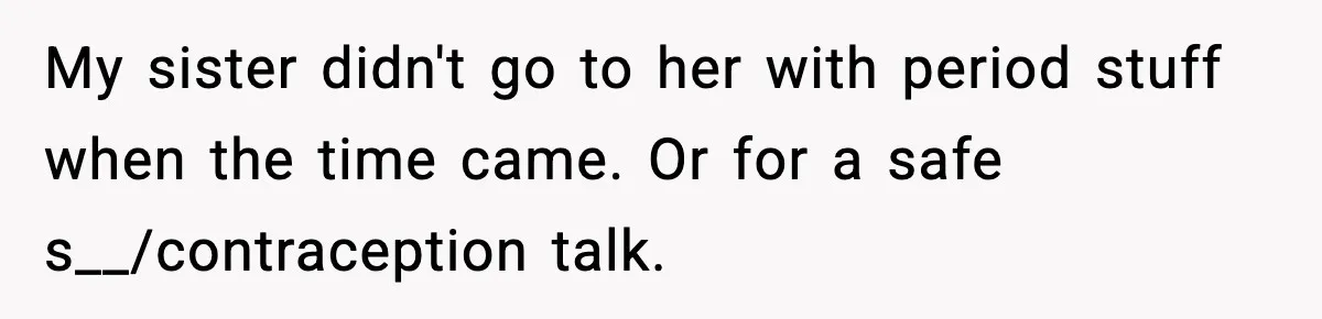 Groom Refuses to Beg Dad's Wife to Attend Wedding, Dad Boycotts Instead My sister didn't go to her with period stuff when the time came. Or for a safe s__/contraception talk.