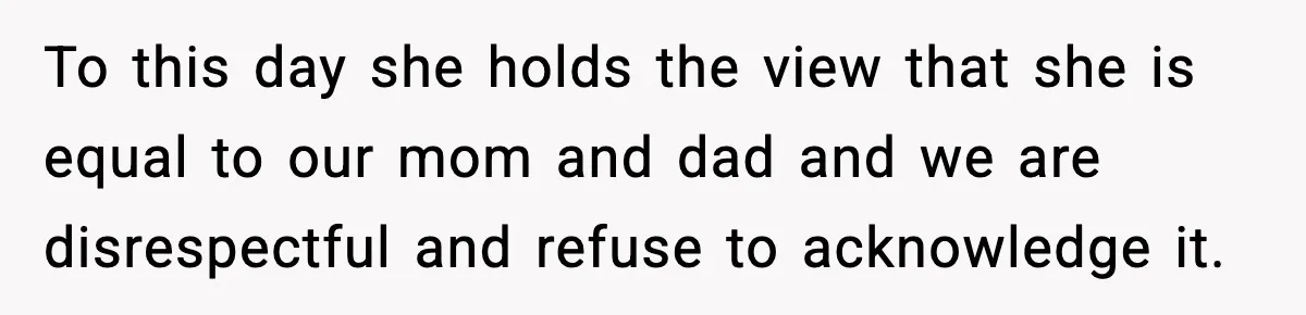 Groom Refuses to Beg Dad's Wife to Attend Wedding, Dad Boycotts Instead To this day she holds the view that she is equal to our mom and dad and we are disrespectful and refuse to acknowledge it.