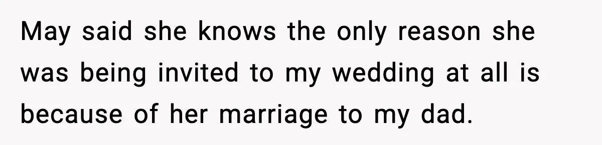 Groom Refuses to Beg Dad's Wife to Attend Wedding, Dad Boycotts Instead May said she knows the only reason she was being invited to my wedding at all is because of her marriage to my dad.