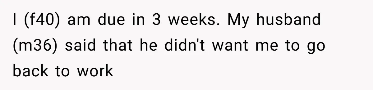 I (f40) am due in 3 weeks. My husband (m36) said that he didn't want me to go back to work
