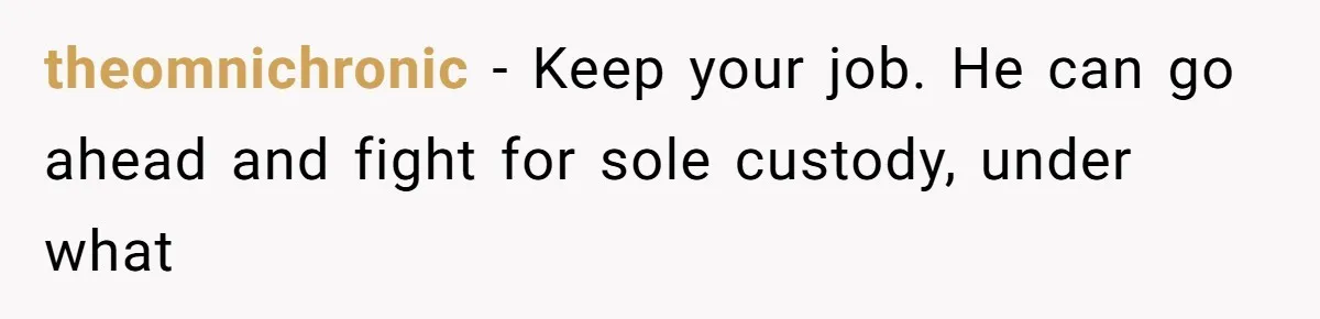 theomnichronic − Keep your job. He can go ahead and fight for sole custody, under what