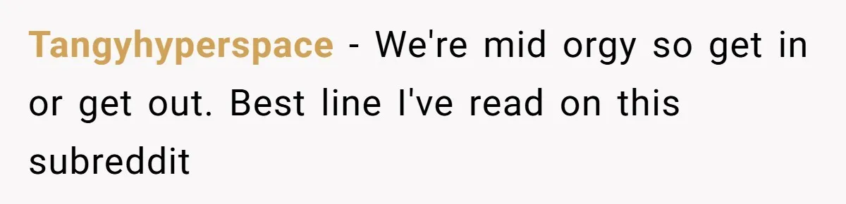 Tangyhyperspace − We're mid orgy so get in or get out. Best line I've read on this subreddit