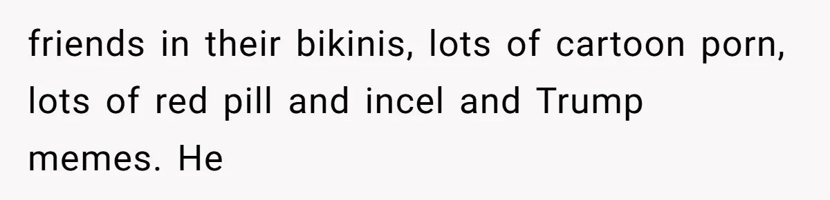 friends in their bikinis, lots of cartoon porn, lots of red pill and incel and Trump memes. He