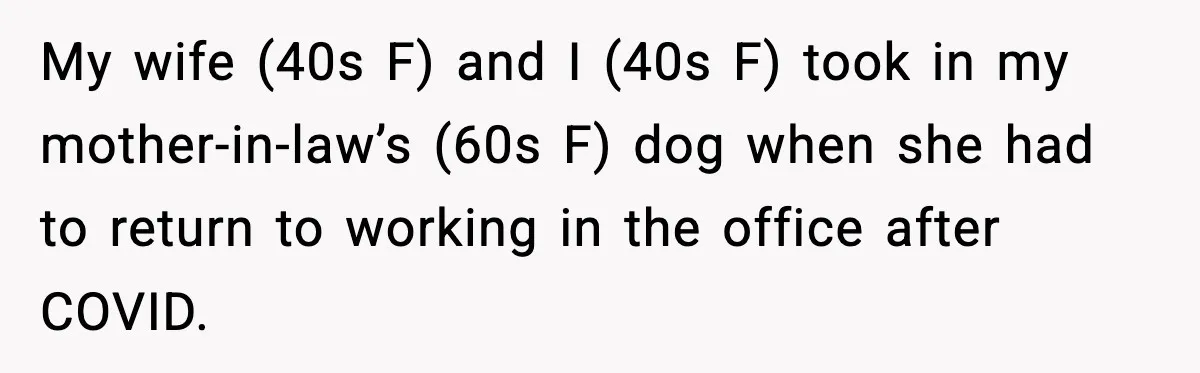 Mother-in-Law Keeps Ignoring the Only House Rule, Then Acts Like the Victim When Her Son-in-Law Finally Snaps My wife (40s F) and I (40s F) took in my mother-in-law’s (60s F) dog when she had to return to working in the office after COVID.
