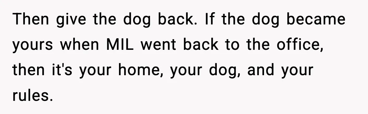 Mother-in-Law Keeps Ignoring the Only House Rule, Then Acts Like the Victim When Her Son-in-Law Finally Snaps Then give the dog back. If the dog became yours when MIL went back to the office, then it's your home, your dog, and your rules.