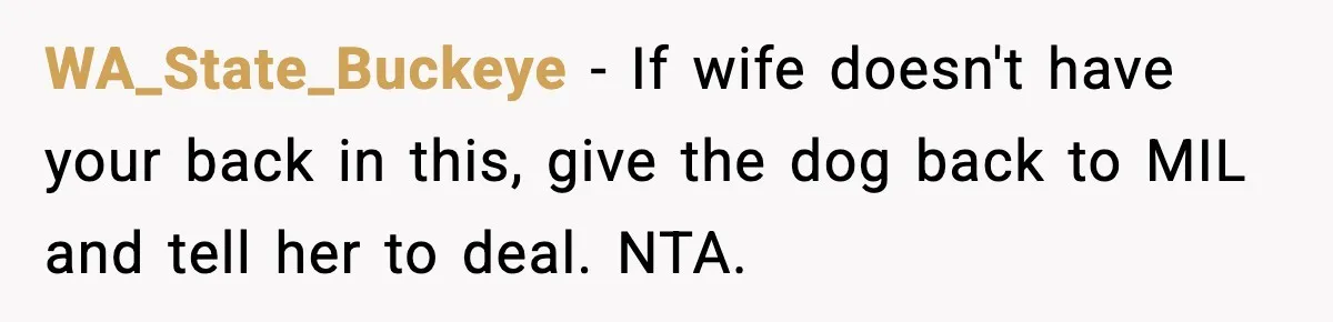 Mother-in-Law Keeps Ignoring the Only House Rule, Then Acts Like the Victim When Her Son-in-Law Finally Snaps WA_State_Buckeye − If wife doesn't have your back in this, give the dog back to MIL and tell her to deal. NTA.