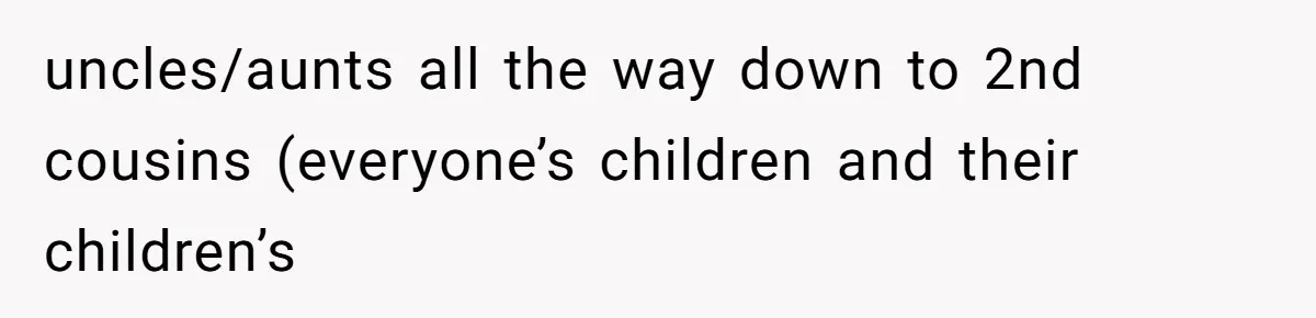 uncles/aunts all the way down to 2nd cousins (everyone’s children and their children’s