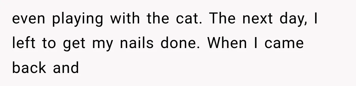 even playing with the cat. The next day, I left to get my nails done. When I came back and