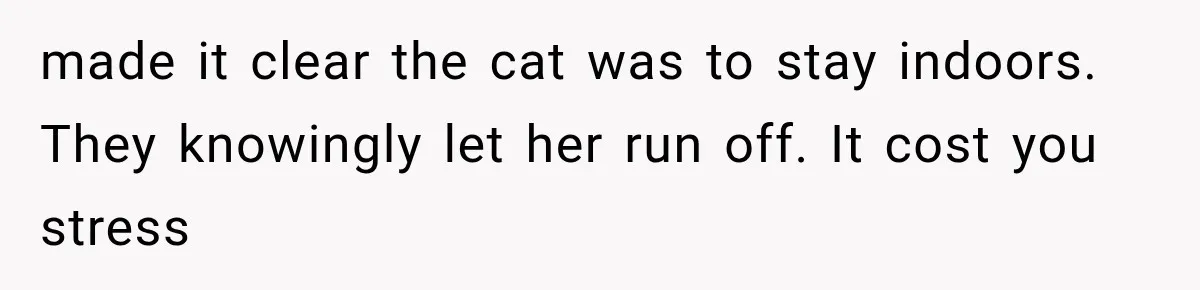made it clear the cat was to stay indoors. They knowingly let her run off. It cost you stress
