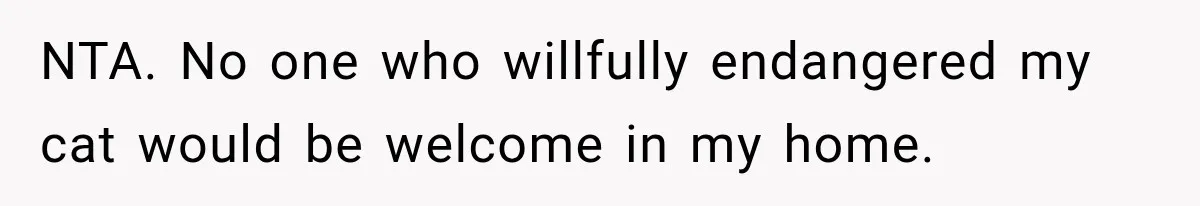 NTA. No one who willfully endangered my cat would be welcome in my home.