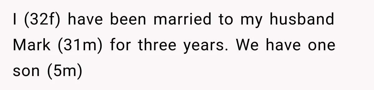 I (32f) have been married to my husband Mark (31m) for three years. We have one son (5m)