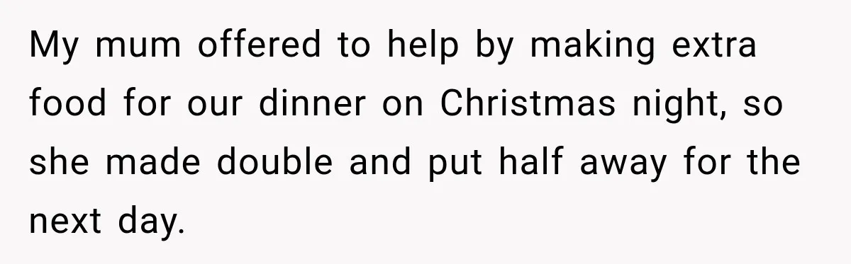 My mum offered to help by making extra food for our dinner on Christmas night, so she made double and put half away for the next day.