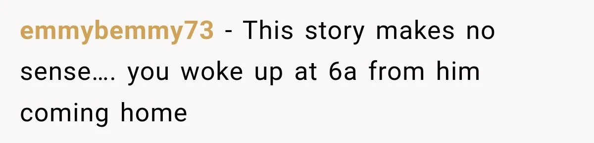 emmybemmy73 − This story makes no sense…. you woke up at 6a from him coming home