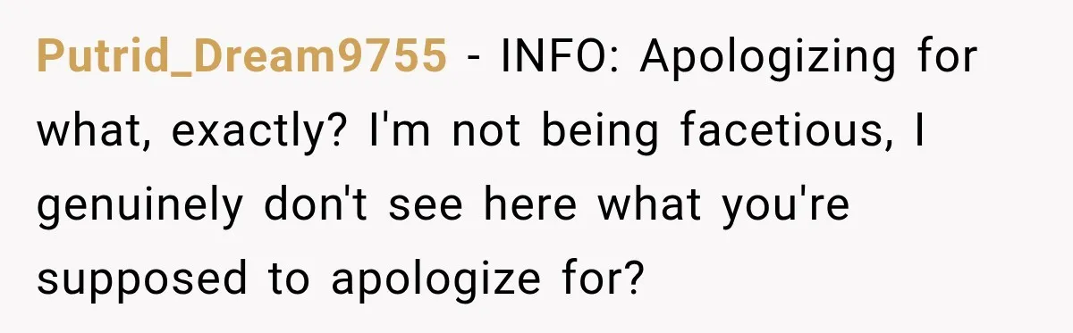 Putrid_Dream9755 − INFO: Apologizing for what, exactly? I'm not being facetious, I genuinely don't see here what you're supposed to apologize for?