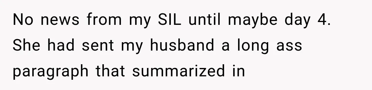 No news from my SIL until maybe day 4. She had sent my husband a long ass paragraph that summarized in