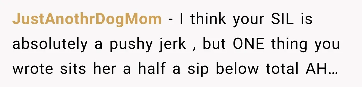 JustAnothrDogMom − I think your SIL is absolutely a pushy jerk , but ONE thing you wrote sits her a half a sip below total AH…