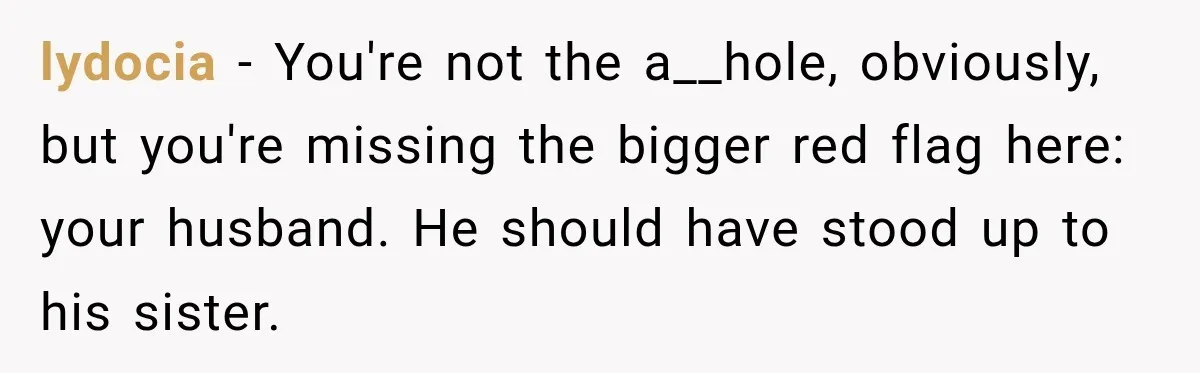 lydocia − You're not the a__hole, obviously, but you're missing the bigger red flag here: your husband. He should have stood up to his sister.