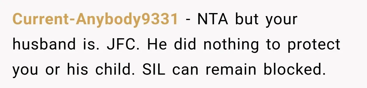 Current-Anybody9331 − NTA but your husband is. JFC. He did nothing to protect you or his child. SIL can remain blocked.
