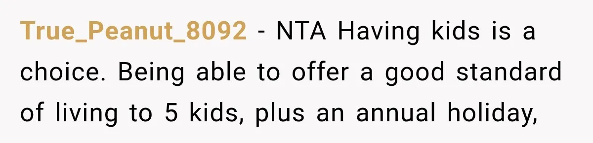 True_Peanut_8092 − NTA Having kids is a choice. Being able to offer a good standard of living to 5 kids, plus an annual holiday,