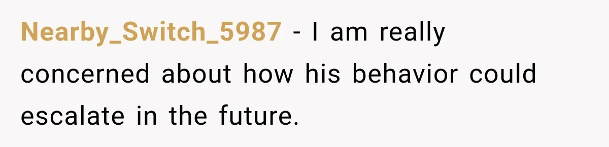 Nearby_Switch_5987 − I am really concerned about how his behavior could escalate in the future.