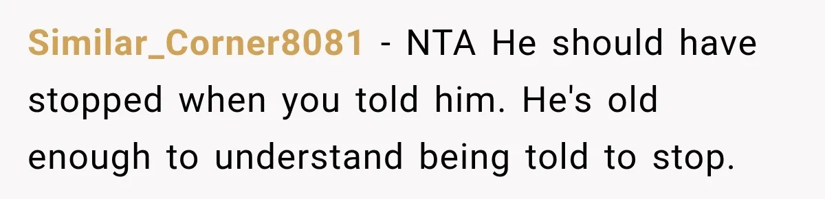 Similar_Corner8081 − NTA He should have stopped when you told him. He's old enough to understand being told to stop.