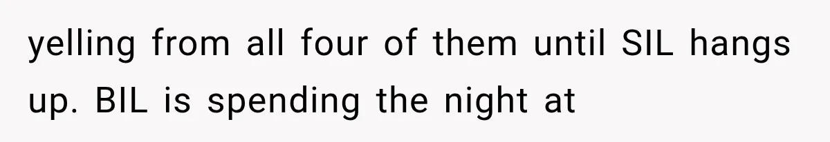 yelling from all four of them until SIL hangs up. BIL is spending the night at
