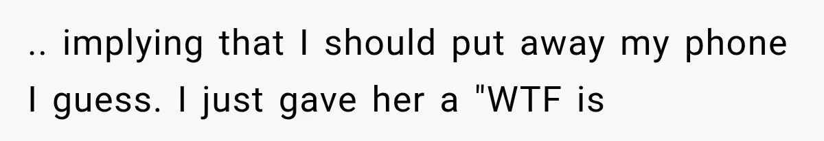 Woman Tries Enforcing Her Family Rules on a Stranger, But Gets Shut Down Instantly .. implying that I should put away my phone I guess. I just gave her a "WTF is
