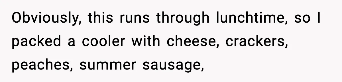 Mom Brings Lunch for Everyone, Then Gets Blamed for Not Letting One Child Eat All the Crackers Obviously, this runs through lunchtime, so I packed a cooler with cheese, crackers, peaches, summer sausage,
