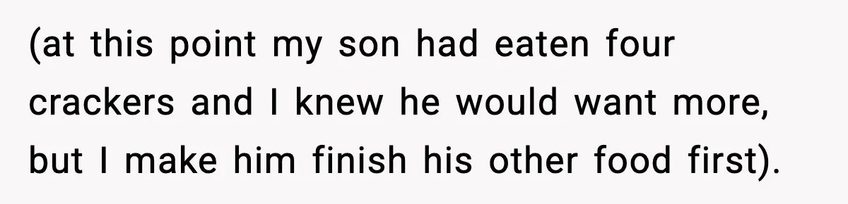 Mom Brings Lunch for Everyone, Then Gets Blamed for Not Letting One Child Eat All the Crackers (at this point my son had eaten four crackers and I knew he would want more, but I make him finish his other food first).