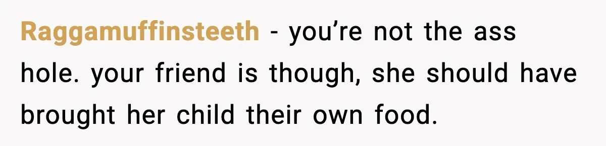 Mom Brings Lunch for Everyone, Then Gets Blamed for Not Letting One Child Eat All the Crackers Raggamuffinsteeth − you’re not the ass hole. your friend is though, she should have brought her child their own food.
