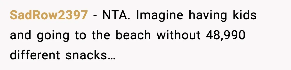 Mom Brings Lunch for Everyone, Then Gets Blamed for Not Letting One Child Eat All the Crackers SadRow2397 − NTA. Imagine having kids and going to the beach without 48,990 different snacks…