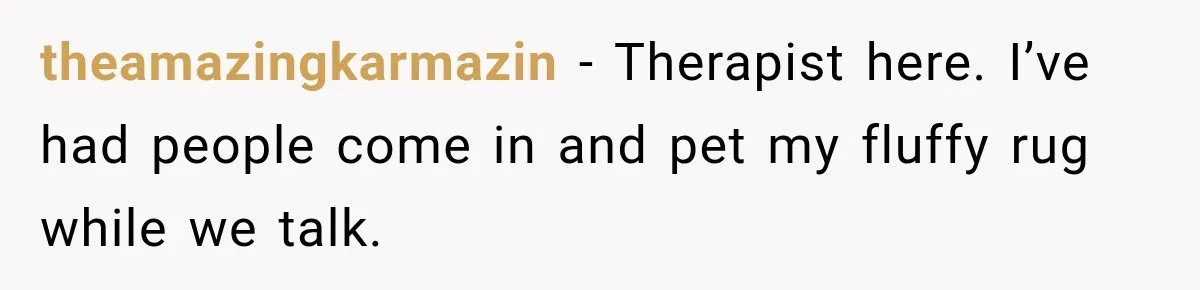 theamazingkarmazin − Therapist here. I’ve had people come in and pet my fluffy rug while we talk.