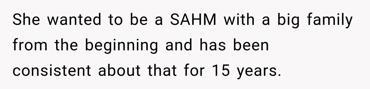 She wanted to be a SAHM with a big family from the beginning and has been consistent about that for 15 years.