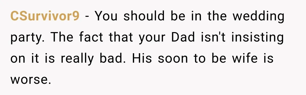 CSurvivor9 − You should be in the wedding party. The fact that your Dad isn't insisting on it is really bad. His soon to be wife is worse.