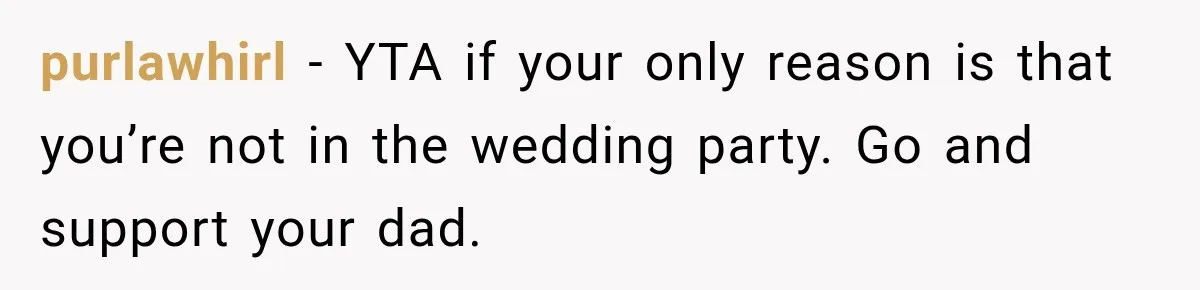 purlawhirl − YTA if your only reason is that you’re not in the wedding party. Go and support your dad.
