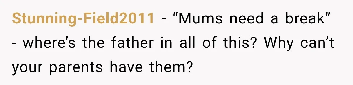 Stunning-Field2011 − “Mums need a break” - where’s the father in all of this? Why can’t your parents have them?