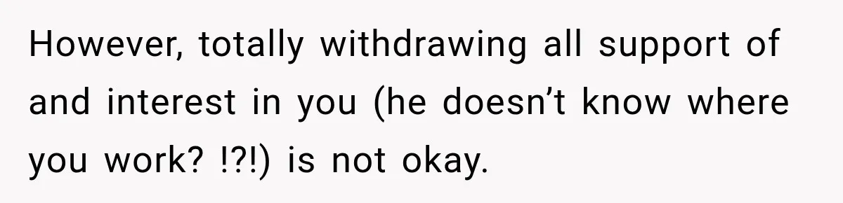 However, totally withdrawing all support of and interest in you (he doesn’t know where you work? !?!) is not okay.